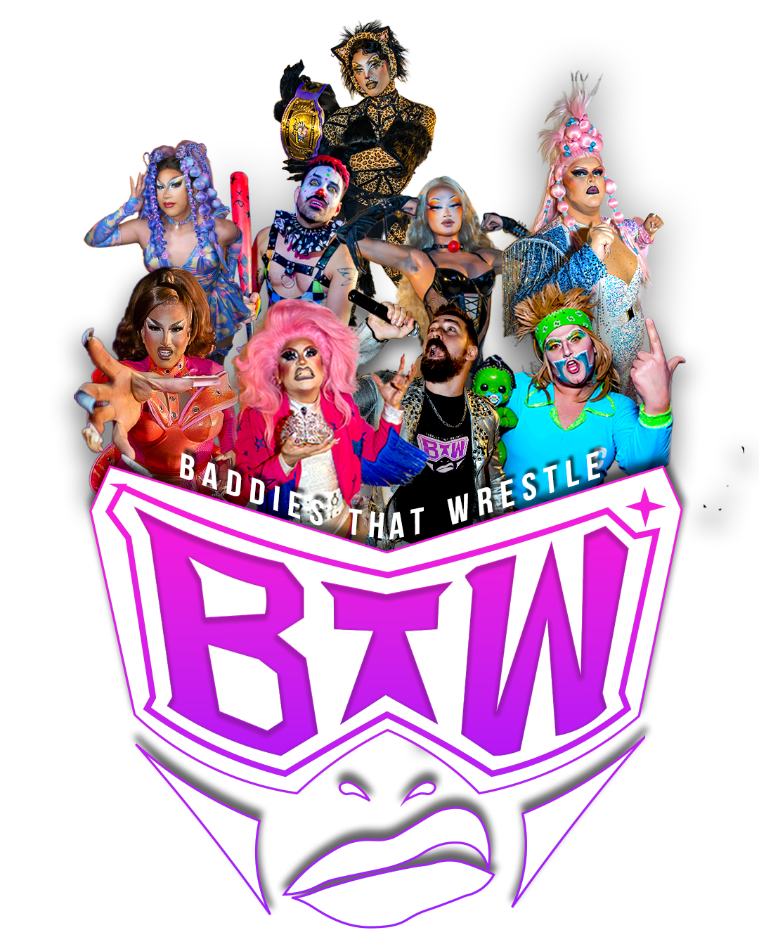 A cast of Baddies That Wrestle characters gathered above the BTW logo